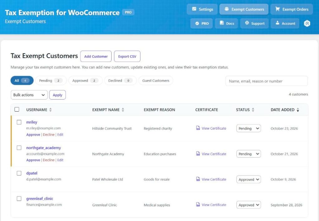 Redesigned Exempt Customers page with status tabs, bulk actions, and Approve and Decline links for pending customers
