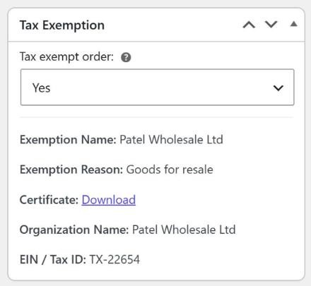 Tax exempt order option set to Yes in the Tax Exemption box on the WooCommerce Edit Order page