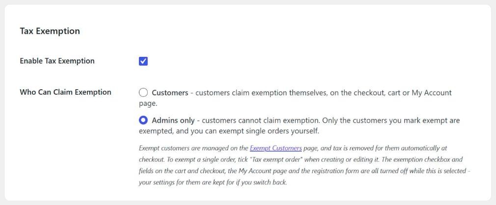 Who Can Claim Exemption setting in Tax Exemption for WooCommerce with the Admins only option selected