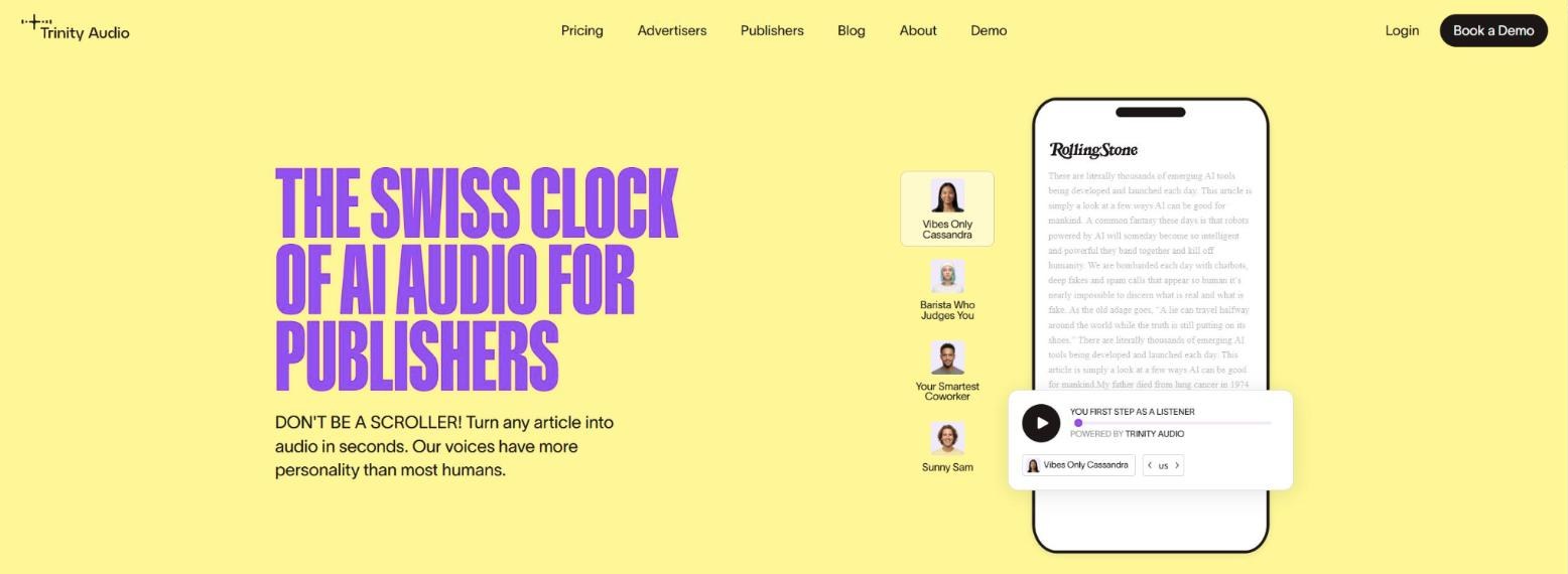 Trinity Audio homepage, an AI audio service for publishers, showing an article with its text to speech player and voice choices