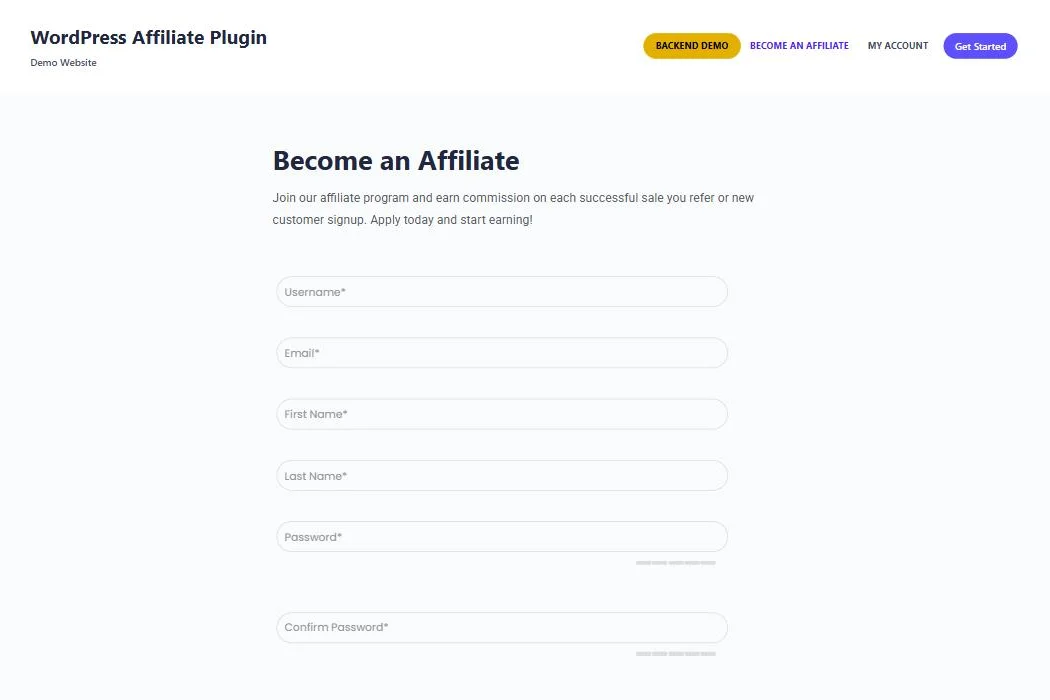 Ultimate Affiliate Pro affiliate registration form on the plugin's live demo site