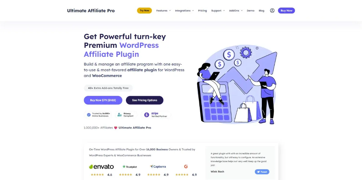 Ultimate Affiliate Pro website homepage, a premium affiliate plugin for WordPress and WooCommerce