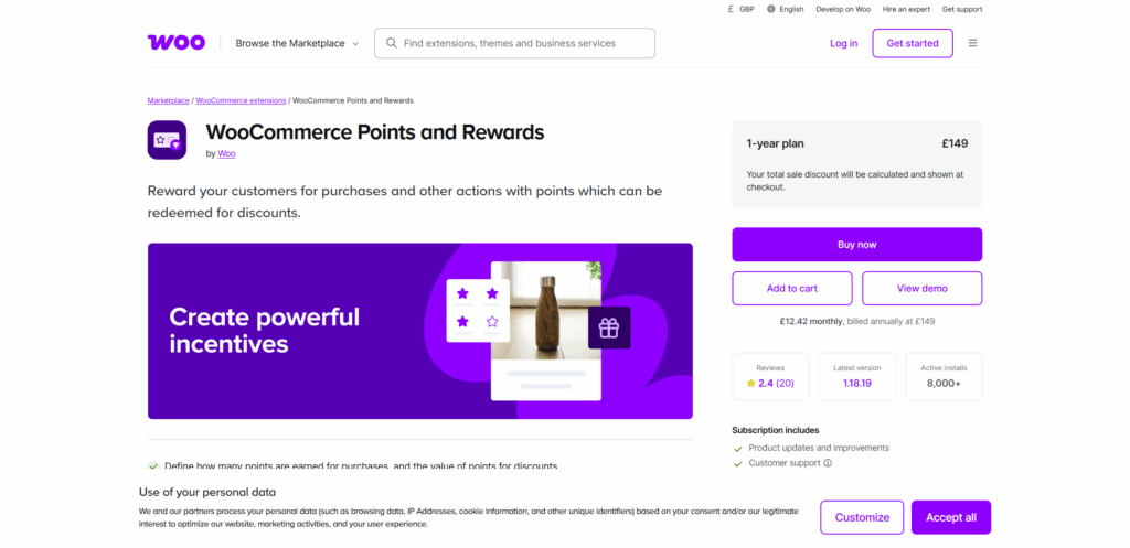 The official WooCommerce Points and Rewards extension on the WooCommerce.com marketplace