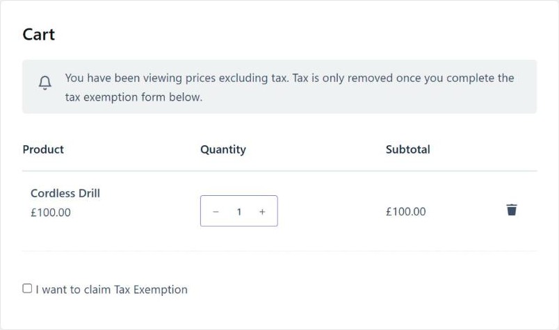 WooCommerce cart page showing the reminder "You have been viewing prices excluding tax. Tax is only removed once you complete the tax exemption form below." above a cordless drill at £100.00 and an "I want to claim Tax Exemption" checkbox