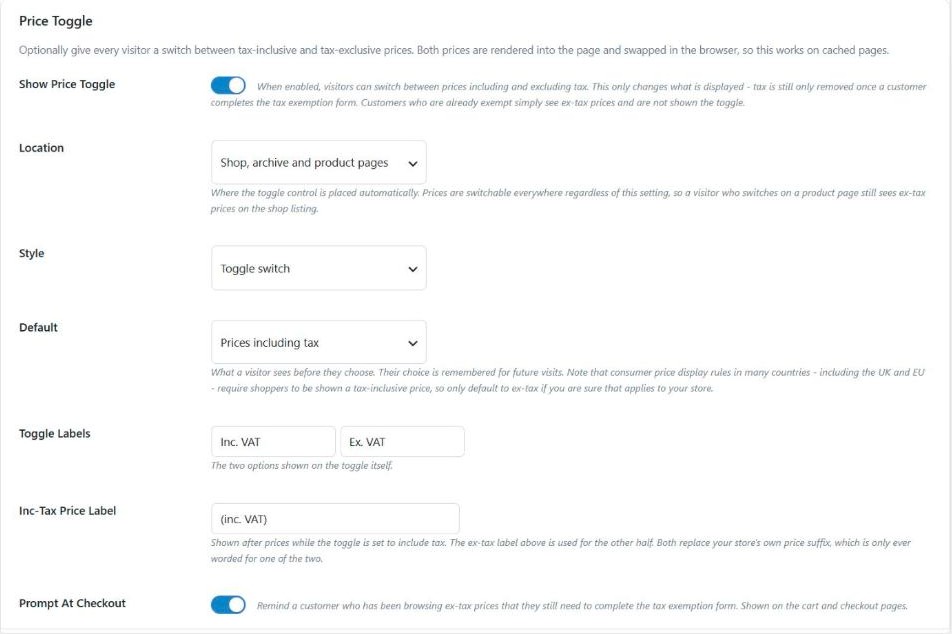 Price Toggle settings in Tax Exemption for WooCommerce PRO, with Show Price Toggle on, location set to shop, archive and product pages, a toggle switch style, prices including tax as the default, Inc. VAT and Ex. VAT toggle labels, an (inc. VAT) price label and Prompt At Checkout on
