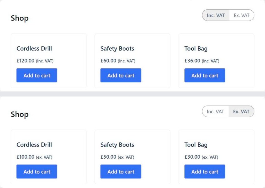 A WooCommerce shop page with an Inc. VAT and Ex. VAT switch above the products. In the top half it is set to Inc. VAT, showing a cordless drill at £120.00, safety boots at £60.00 and a tool bag at £36.00; in the bottom half it is set to Ex. VAT, showing £100.00, £50.00 and £30.00