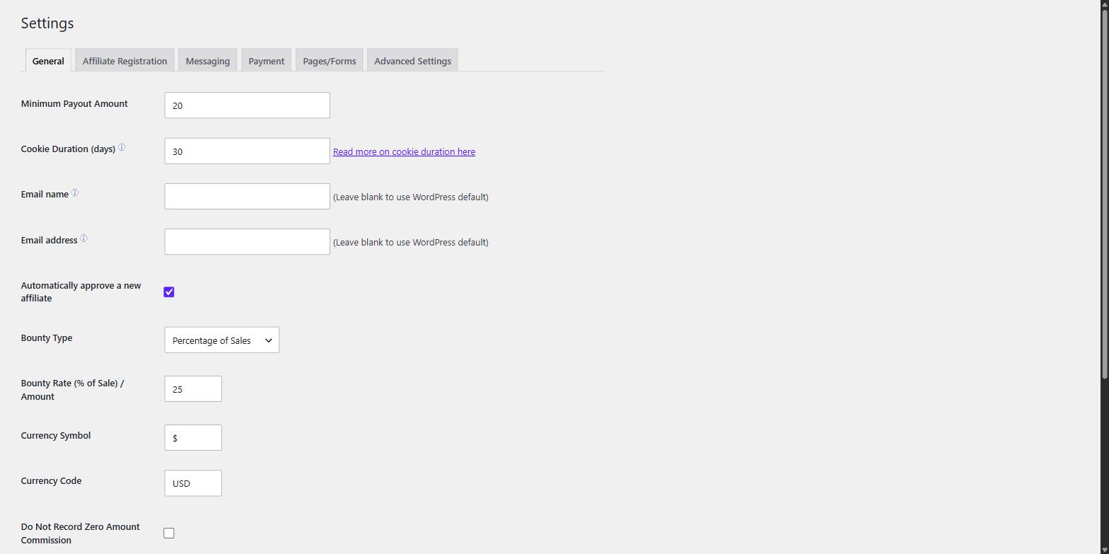 WP Affiliate Manager general settings with its defaults: minimum payout of 20, 30-day cookie, auto-approval on, 25 percent commission and US dollars