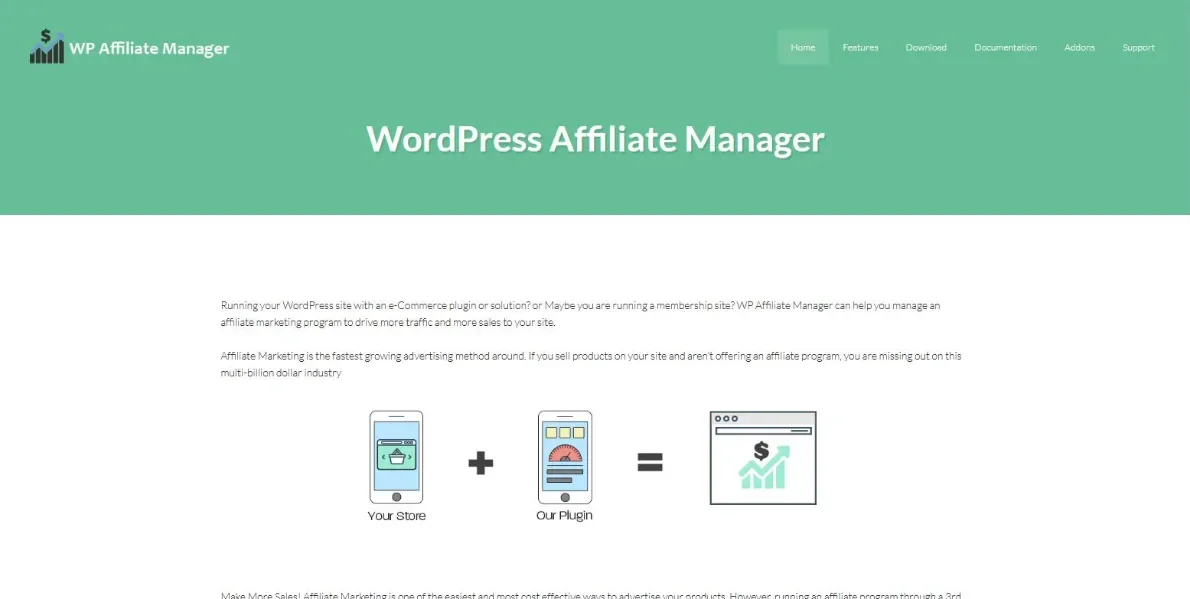 WP Affiliate Manager website homepage, an affiliate plugin for WordPress