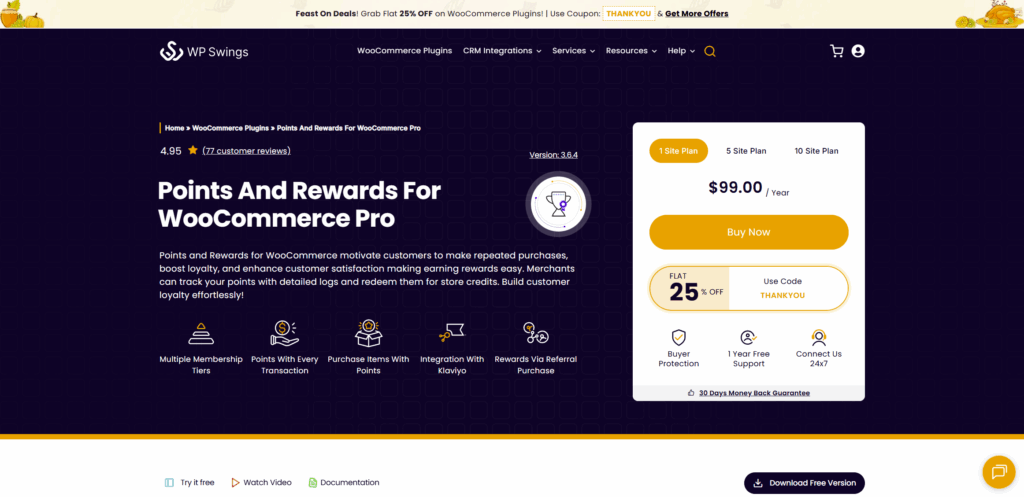 Points and Rewards for WooCommerce Pro page on the WP Swings website