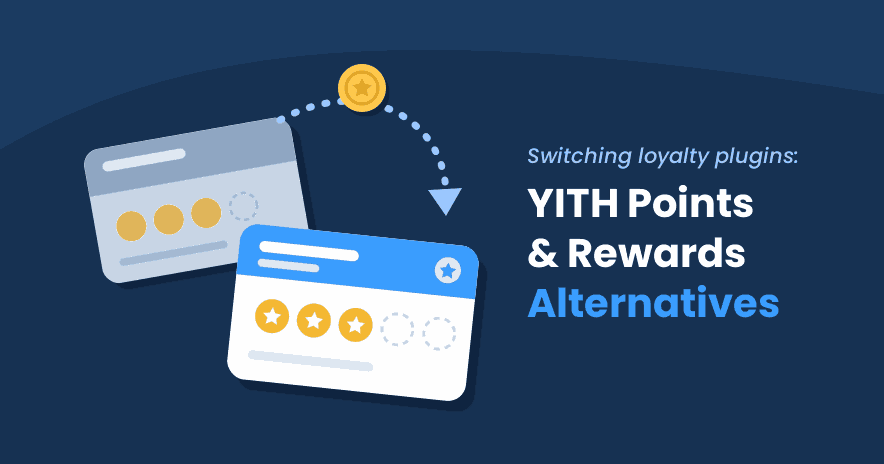 Illustration of reward points moving from an old loyalty card to a new one, next to the title YITH Points and Rewards Alternatives