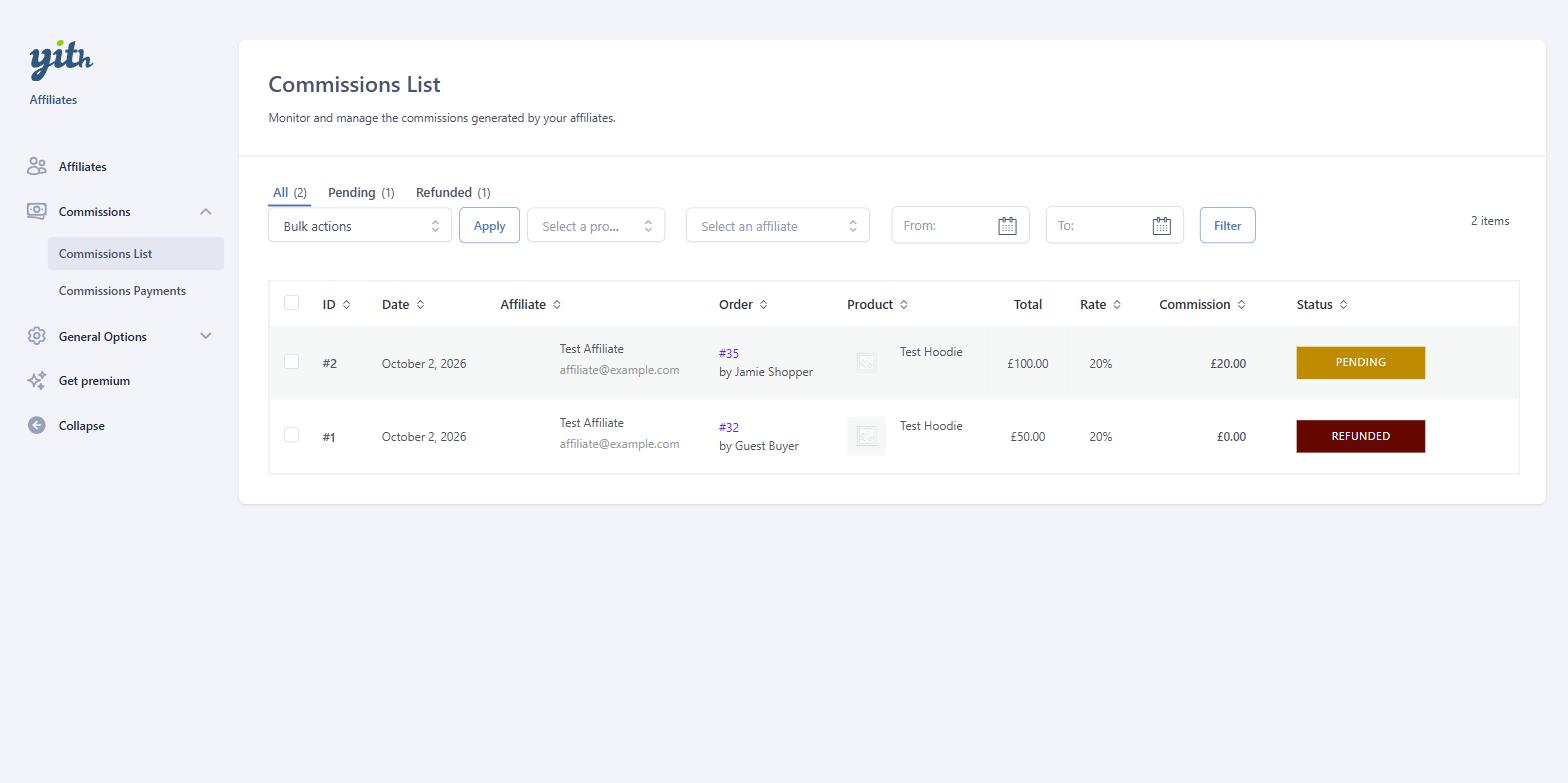 YITH WooCommerce Affiliates commissions list from our test store, with a pending commission and a refunded one at zero