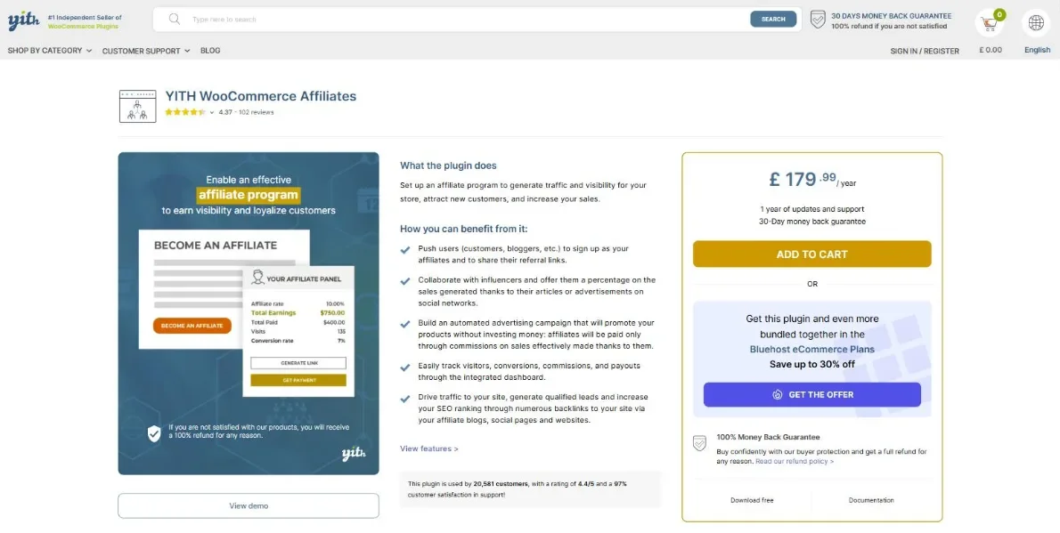 YITH WooCommerce Affiliates product page on the YITH website