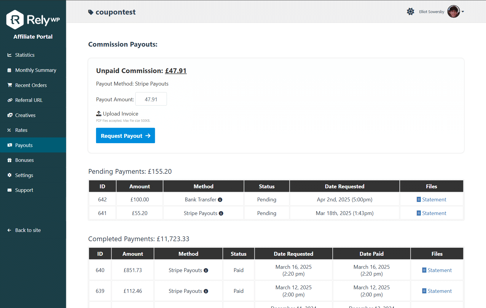 One-click affiliate commission payouts screen in Coupon Affiliates