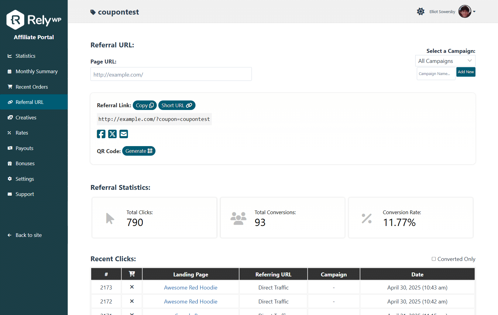 Referral URL and click tracking dashboard in Coupon Affiliates