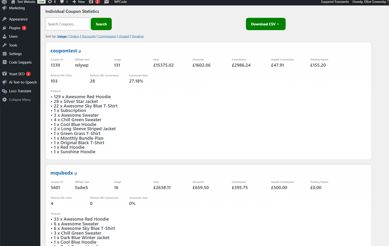 Affiliate reports and analytics dashboard in Coupon Affiliates
